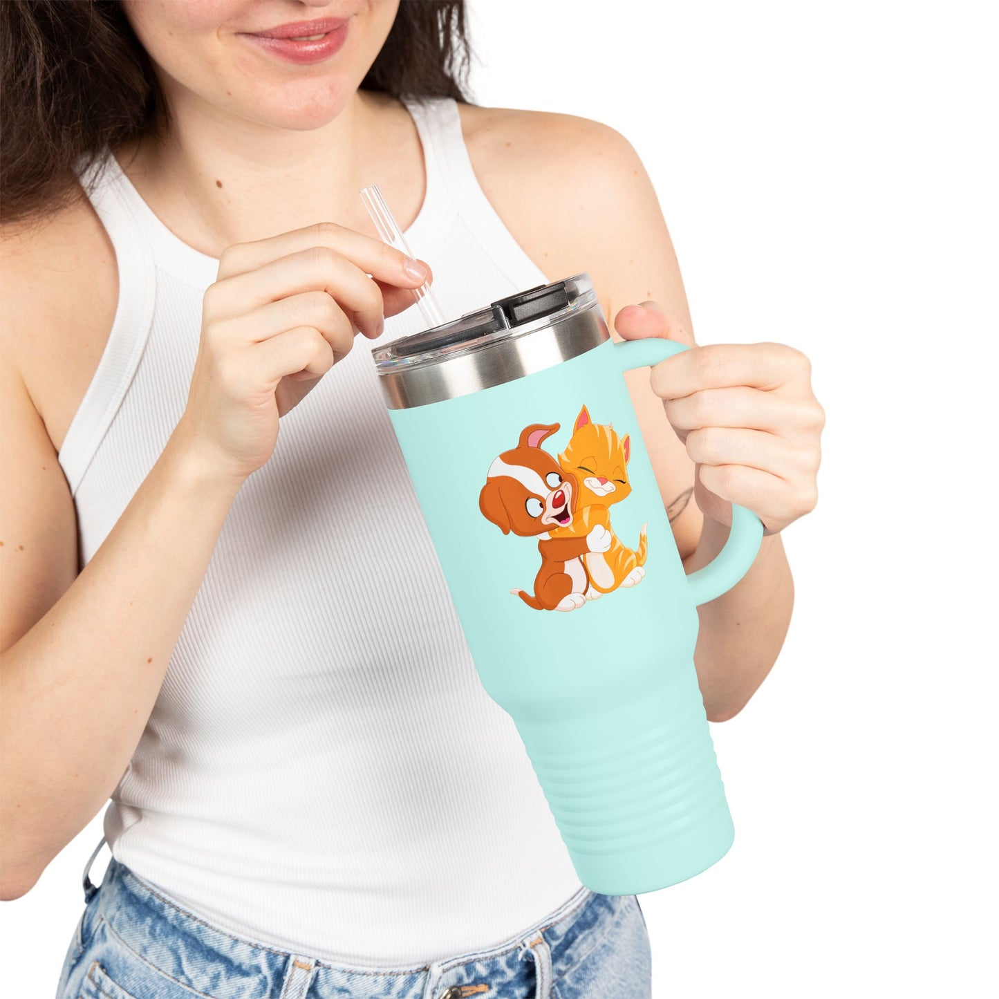Whimsical Pet Love Insulated Travel Mug, Cute Animal Travel Mug, 40oz Coffee Cup, Dog Cat Drinkware, Funny Gift for Pet Lovers