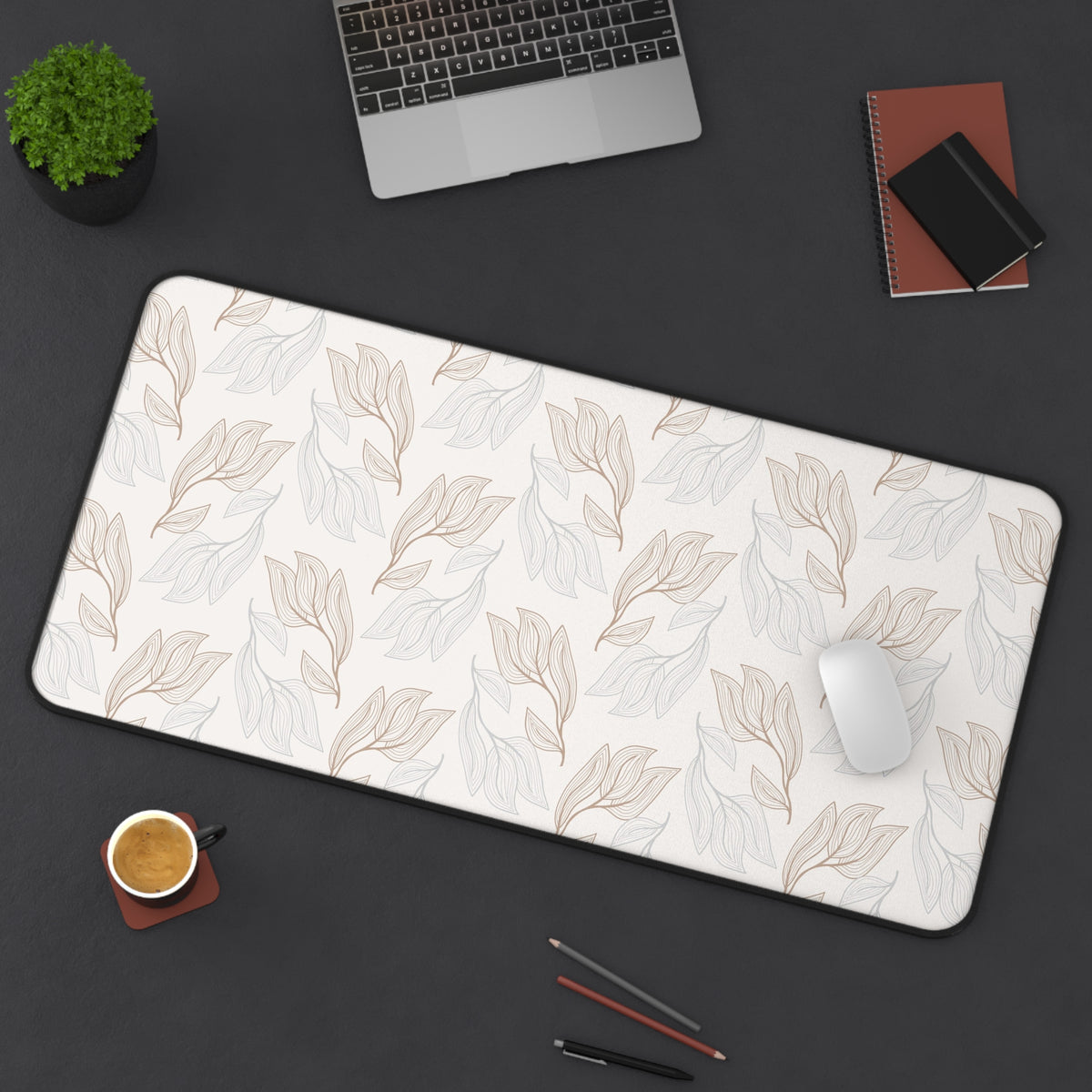 Desk Mat — Neutral Leaf Pattern Desk Mat (Beige Minimal Botanical Mousepad)