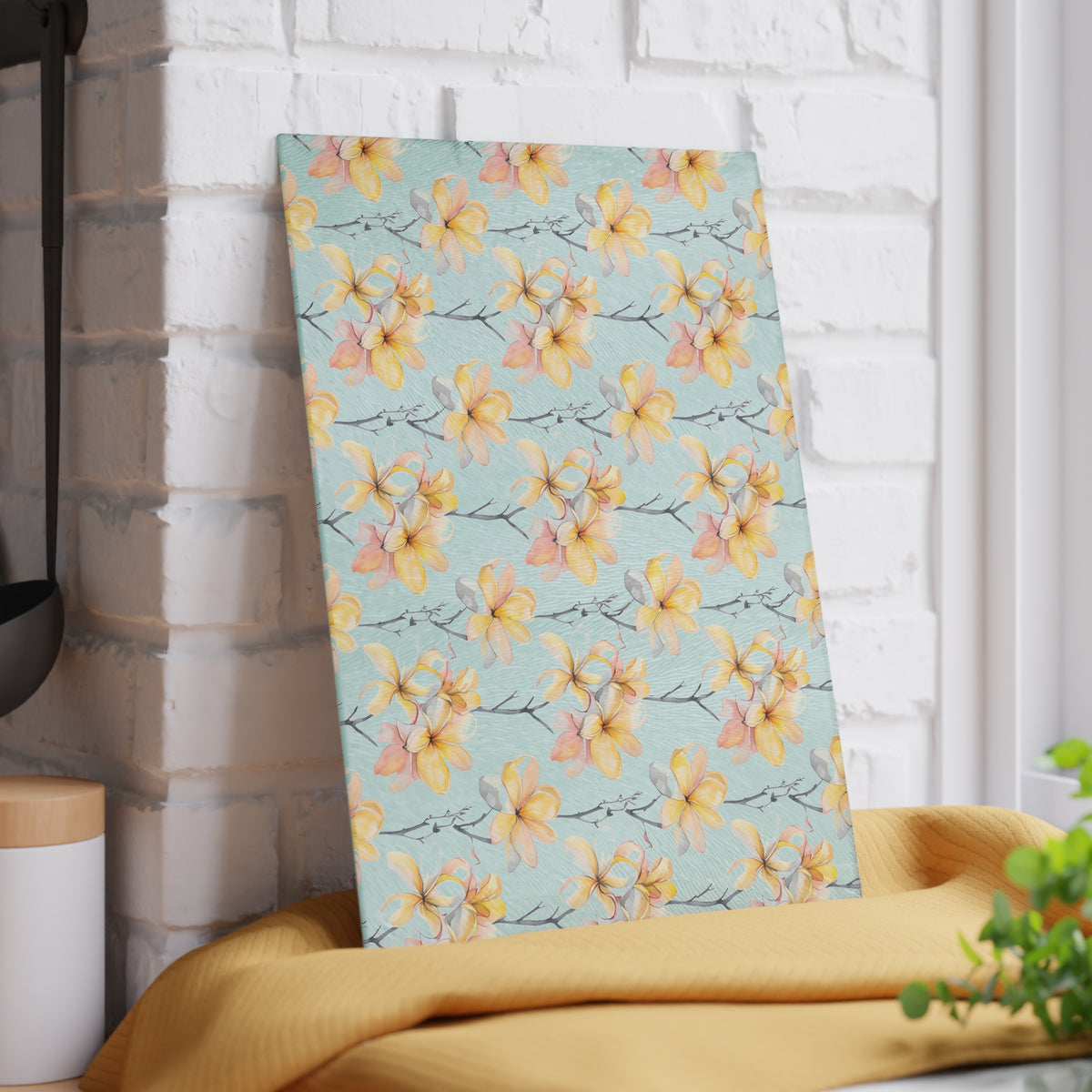 Floral Magnolia Glass Cutting Board — Pastel Yellow Blossom Kitchen Decor