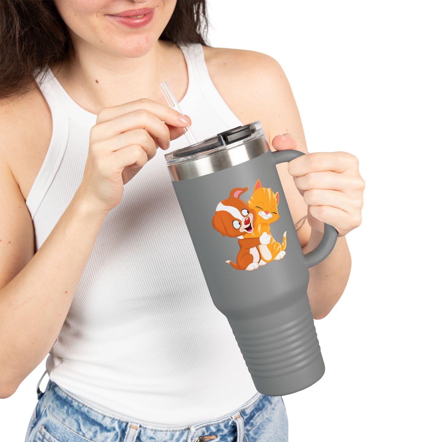 Whimsical Pet Love Insulated Travel Mug, Cute Animal Travel Mug, 40oz Coffee Cup, Dog Cat Drinkware, Funny Gift for Pet Lovers