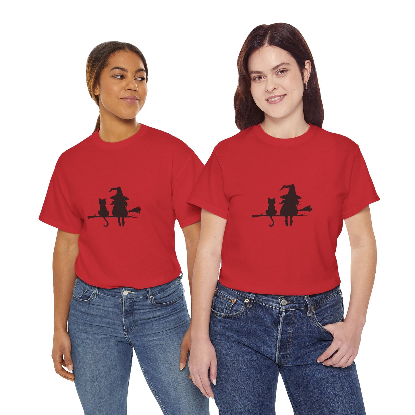 Witch and Cat Tee | Spooky Unisex Shirt for Halloween | Cute Witchwear for Cat Lovers | Fall Wardrobe Essential | Gift for Magical Friends
