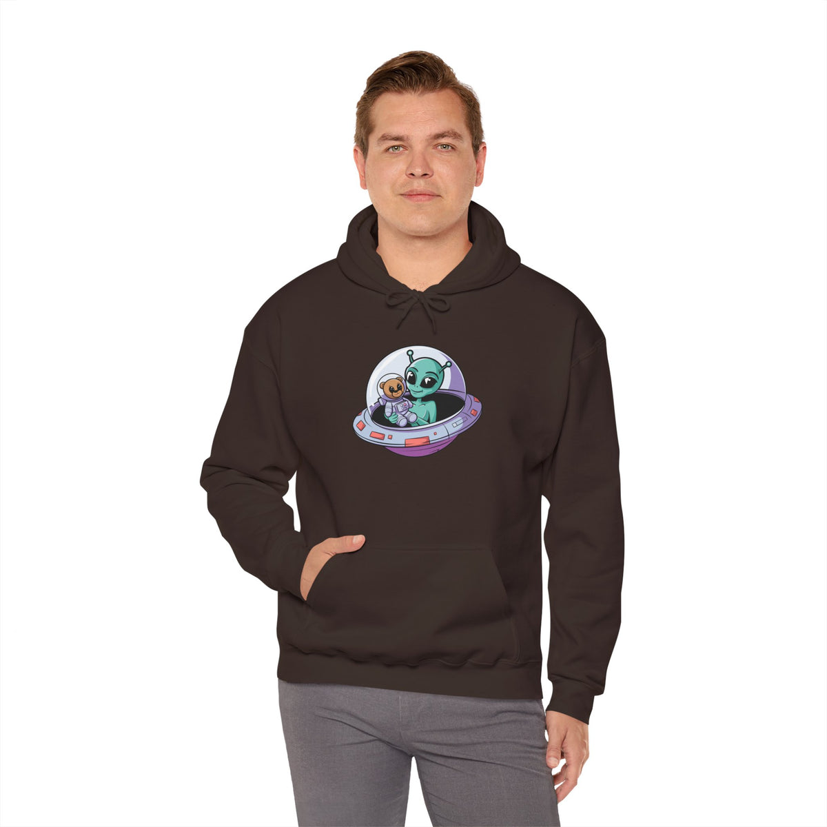 Cute Alien and Kid Hoodie, Unisex Heavy Blend Sweatshirt, UFO Lover Gift, Halloween Costume, Space-Themed Outfit, Birthday Present