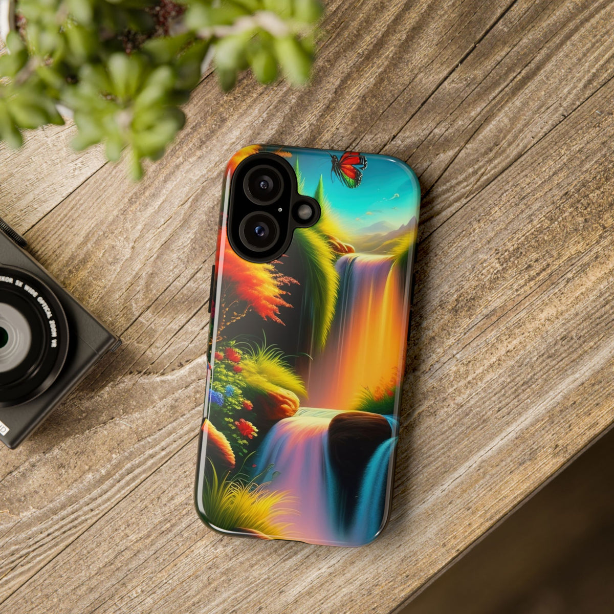 Phone Case - Vibrant Waterfall Landscape with Butterfly | Colorful Nature Protective Case