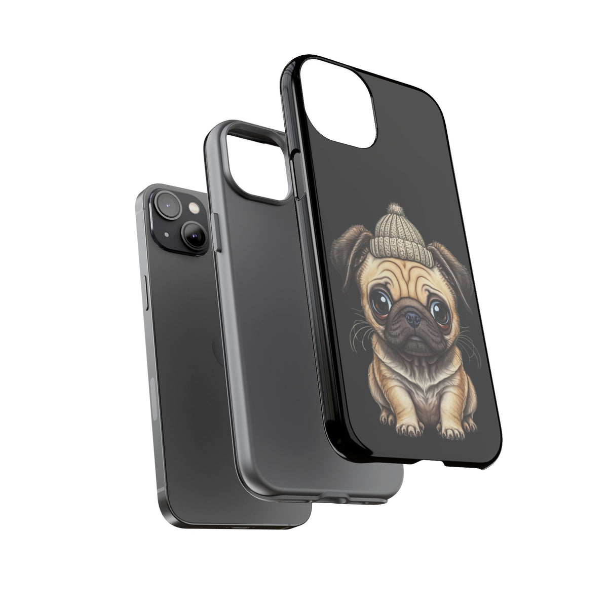 Pug Phone Case – Cute Pug Puppy Illustration on Black Tough Case