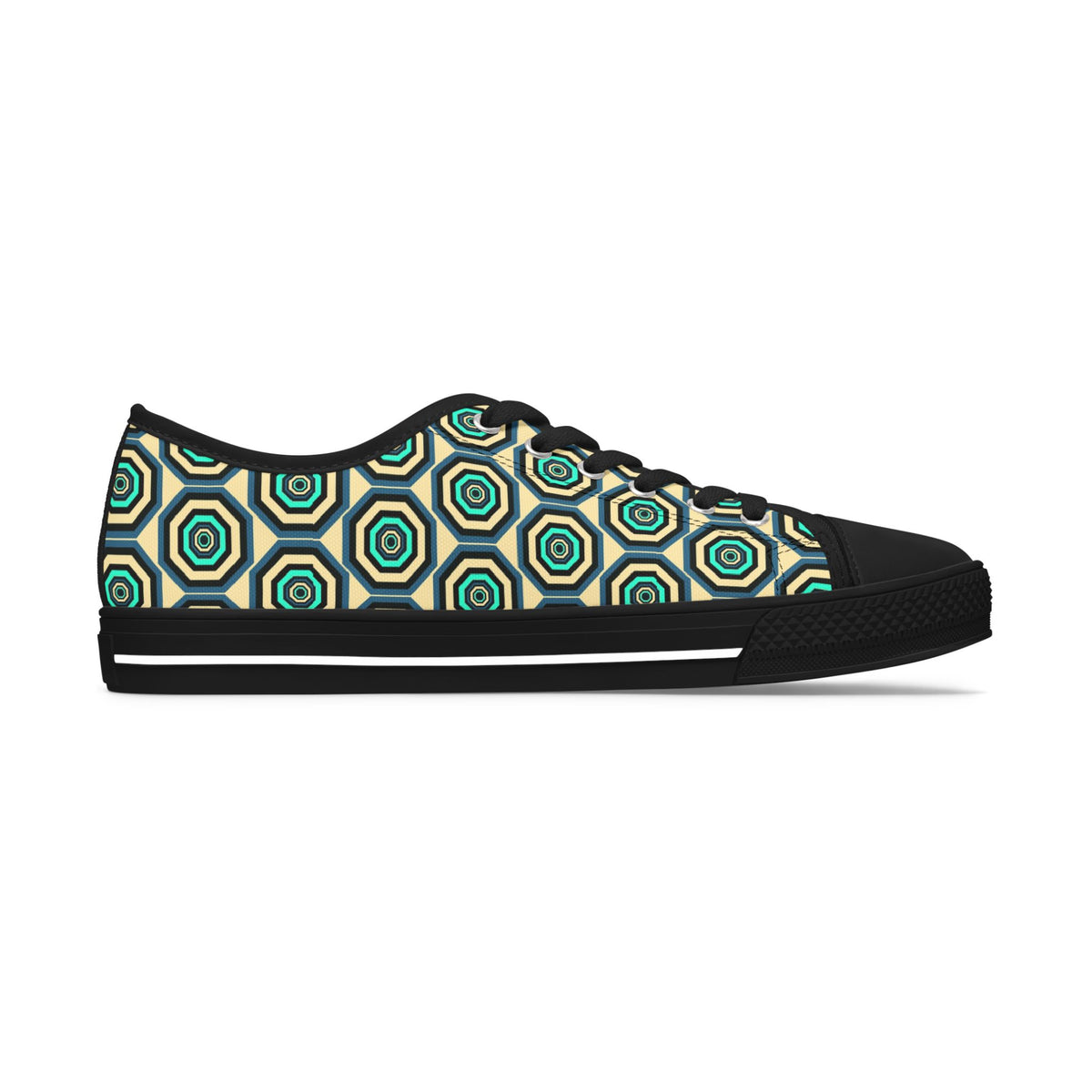 Geometric Retro Hexagon Women's Low Top Sneakers — Green Teal Patterned Canvas Shoes