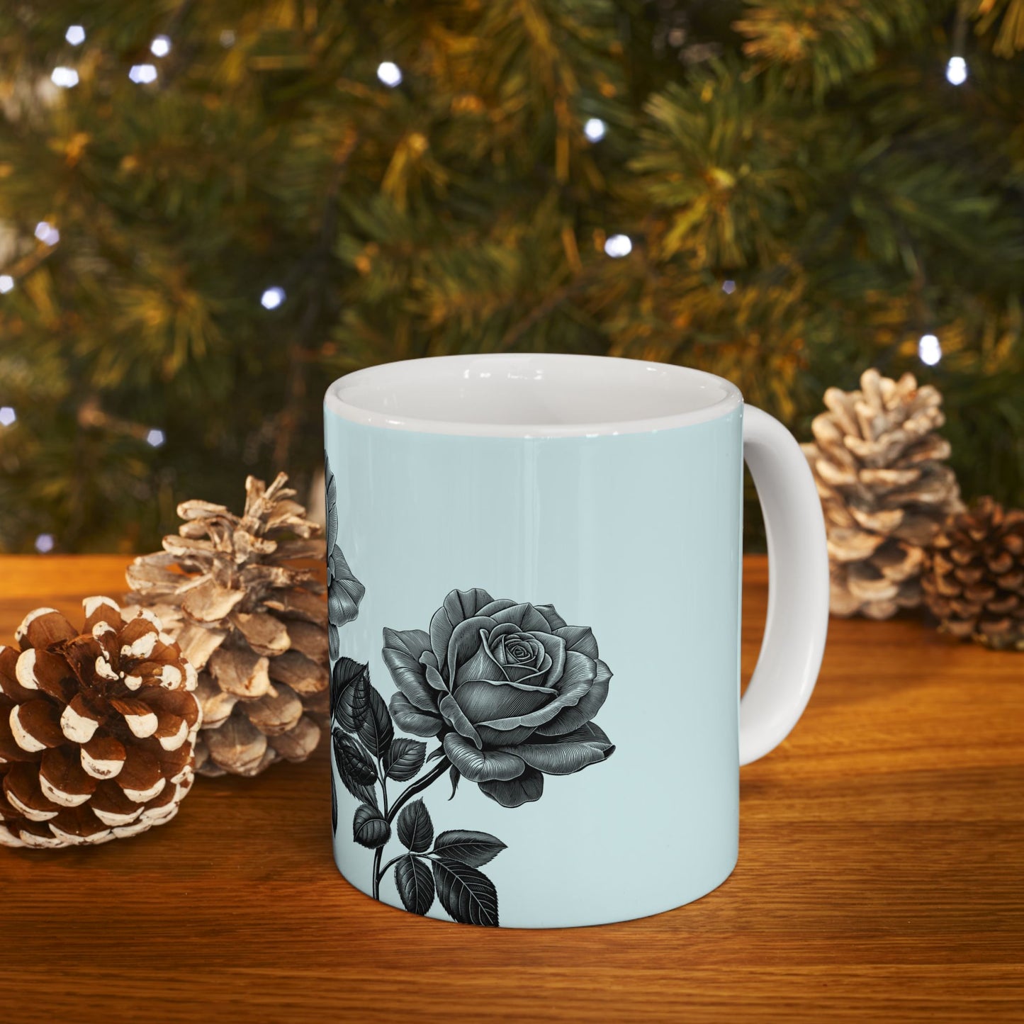 Elegant Floral Ceramic Mug - Black and White Rose Design, Coffee Cup, Gift for Her, Home Decor, Tea Lover's Perfect Mug