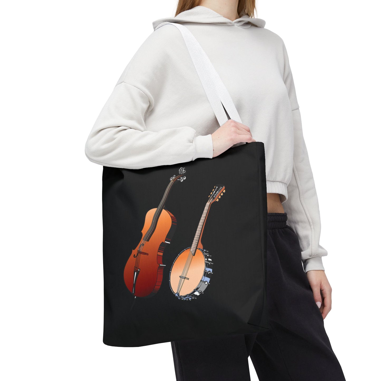 Musical Instruments Tote Bag, Music Lover Gift, Banjo and Cello Design, Stylish Grocery Tote, Concert Bag, Eco-Friendly Carryall