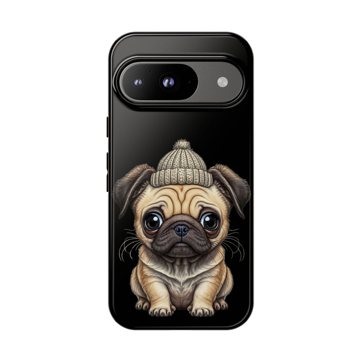 Pug Phone Case – Cute Pug Puppy Illustration on Black Tough Case