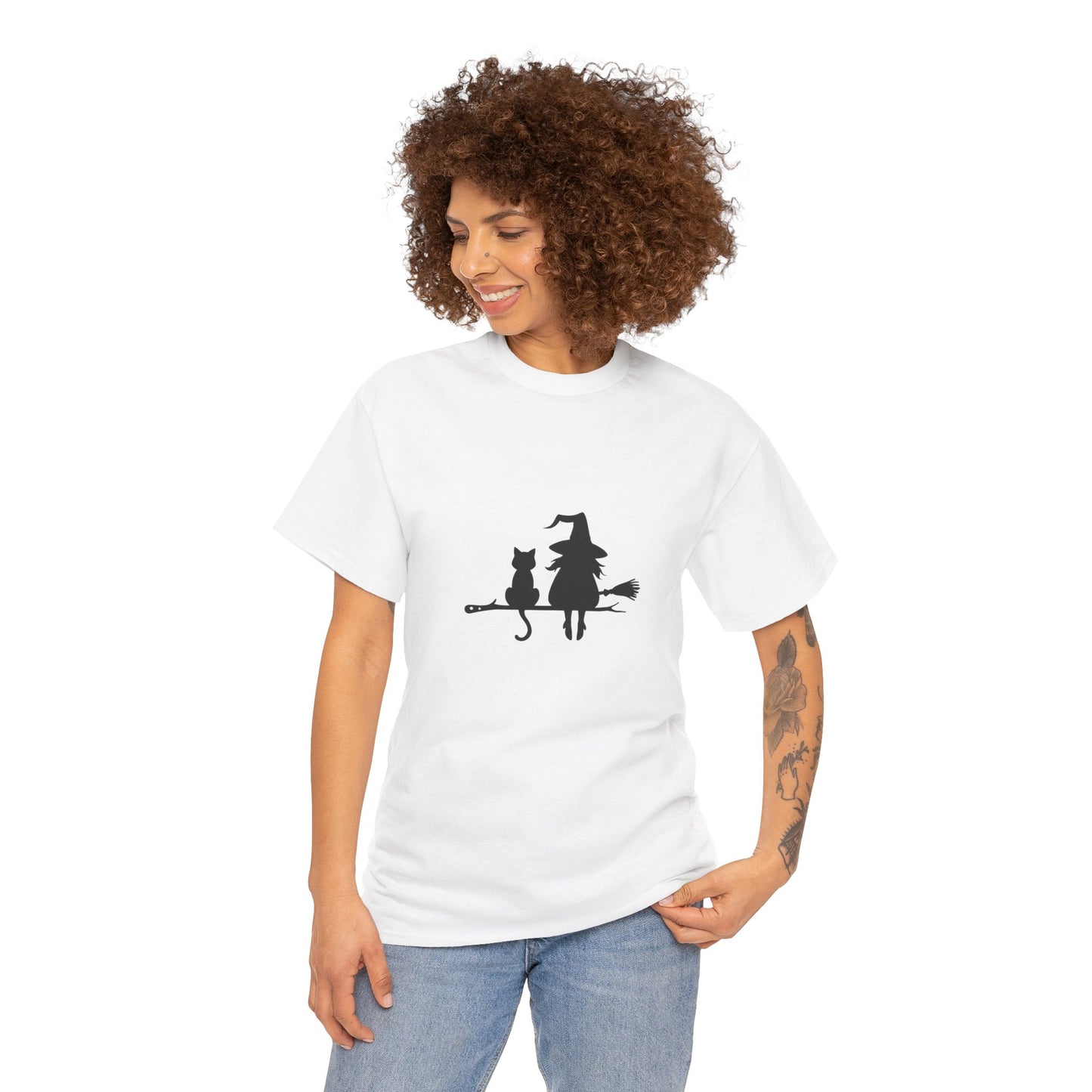 Witch and Cat Tee | Spooky Unisex Shirt for Halloween | Cute Witchwear for Cat Lovers | Fall Wardrobe Essential | Gift for Magical Friends