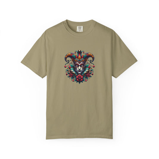 Vibrant Graphic Unisex T-Shirt with Floral Mask Design