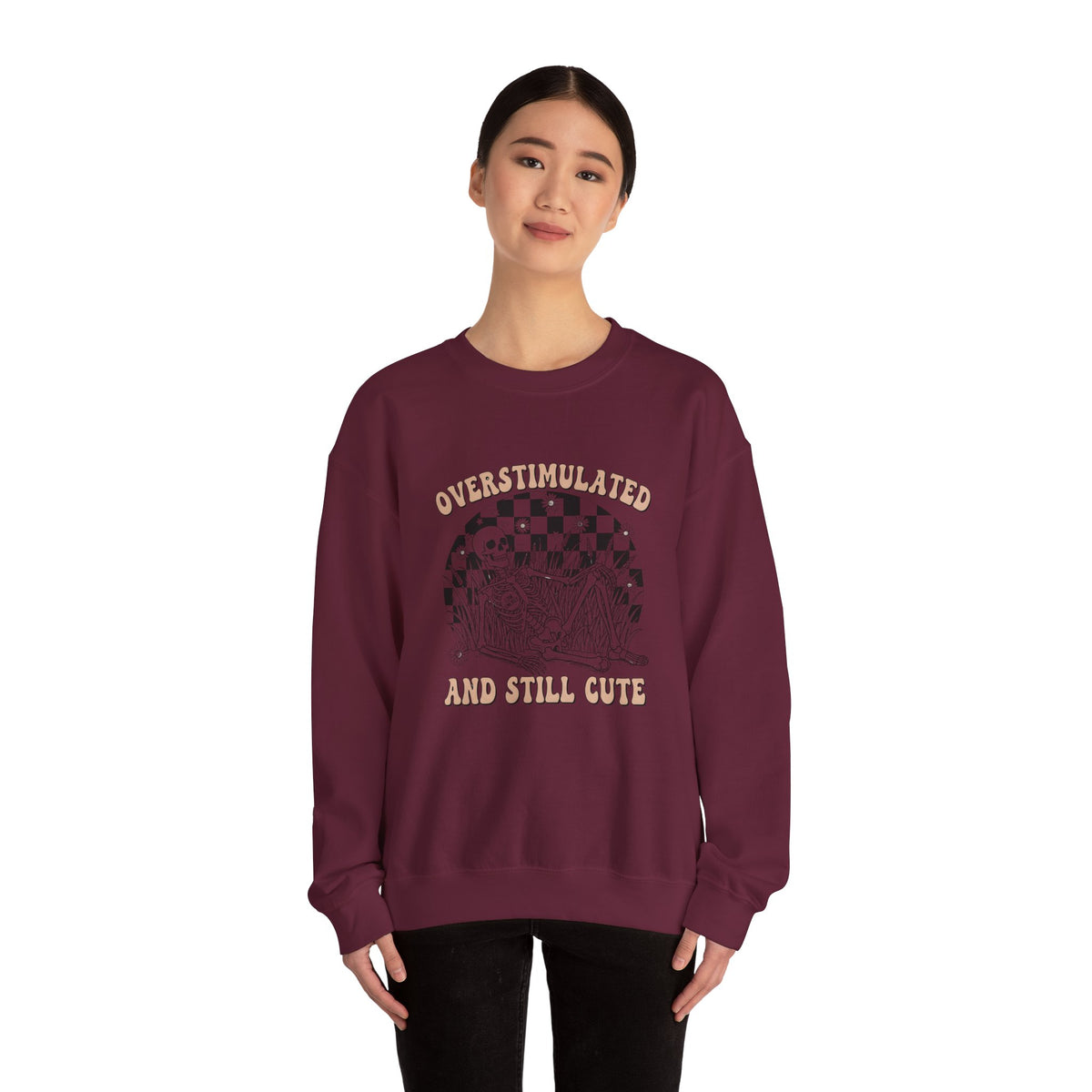 Sweatshirt — "Overstimulated and Still Cute" Skull Checkerboard Graphic Crewneck