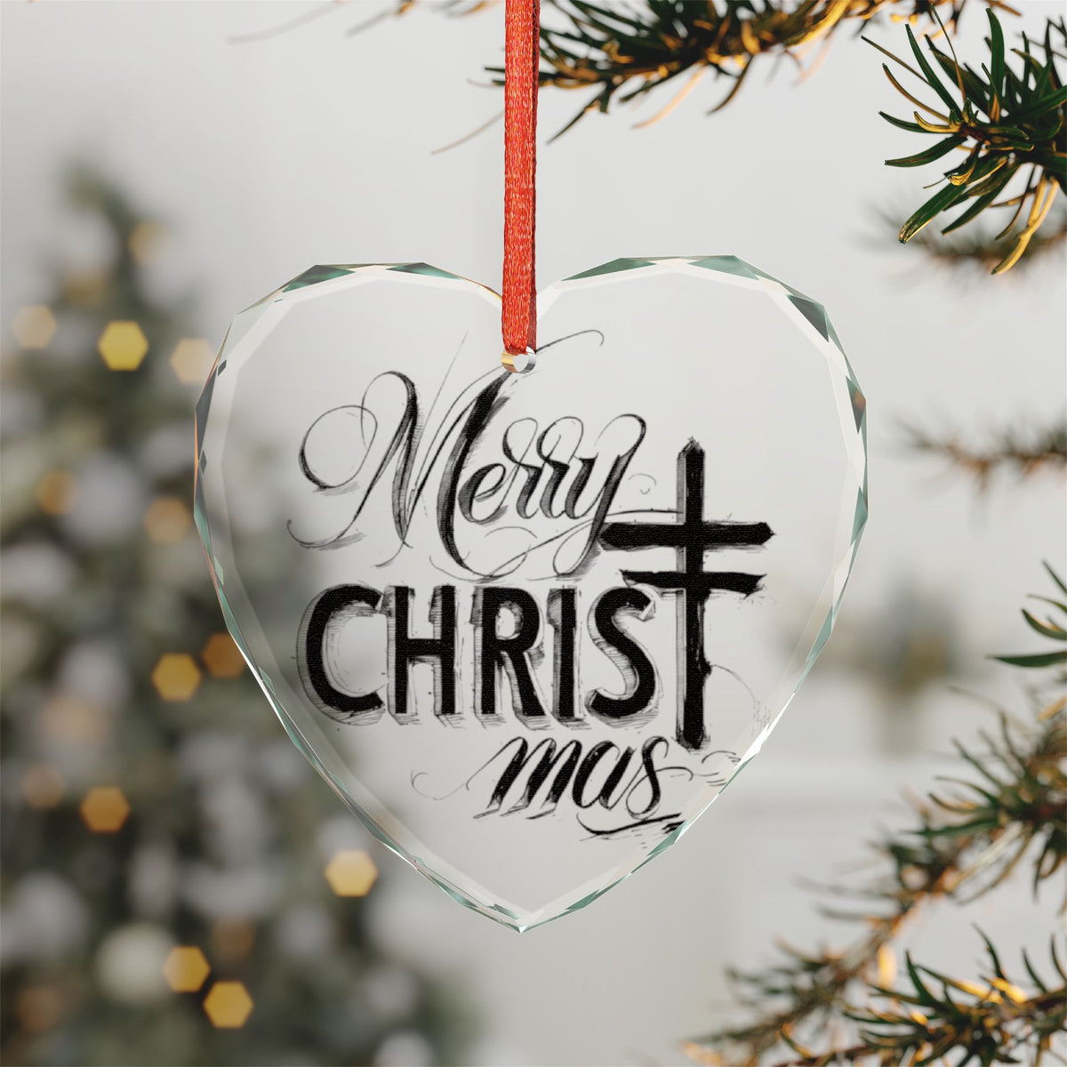 Crystal Heart Ornament — “Merry Christ-mas” Religious Christmas Glass Decoration