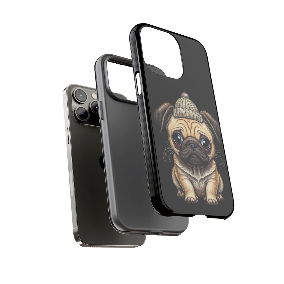 Pug Phone Case – Cute Pug Puppy Illustration on Black Tough Case