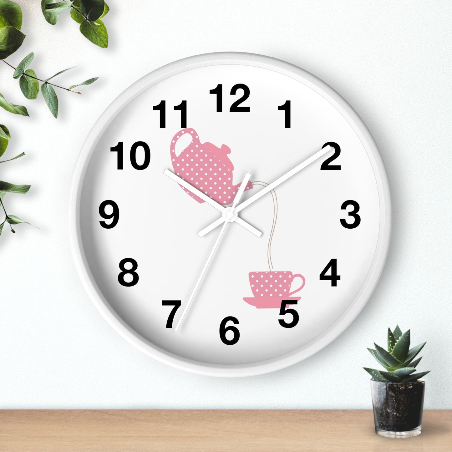 Charming Teapot Wall Clock, Home Decor, Kitchen Gift, Cute Coffee Time, Tea Lover's Gift, Pink Polka Dot Design