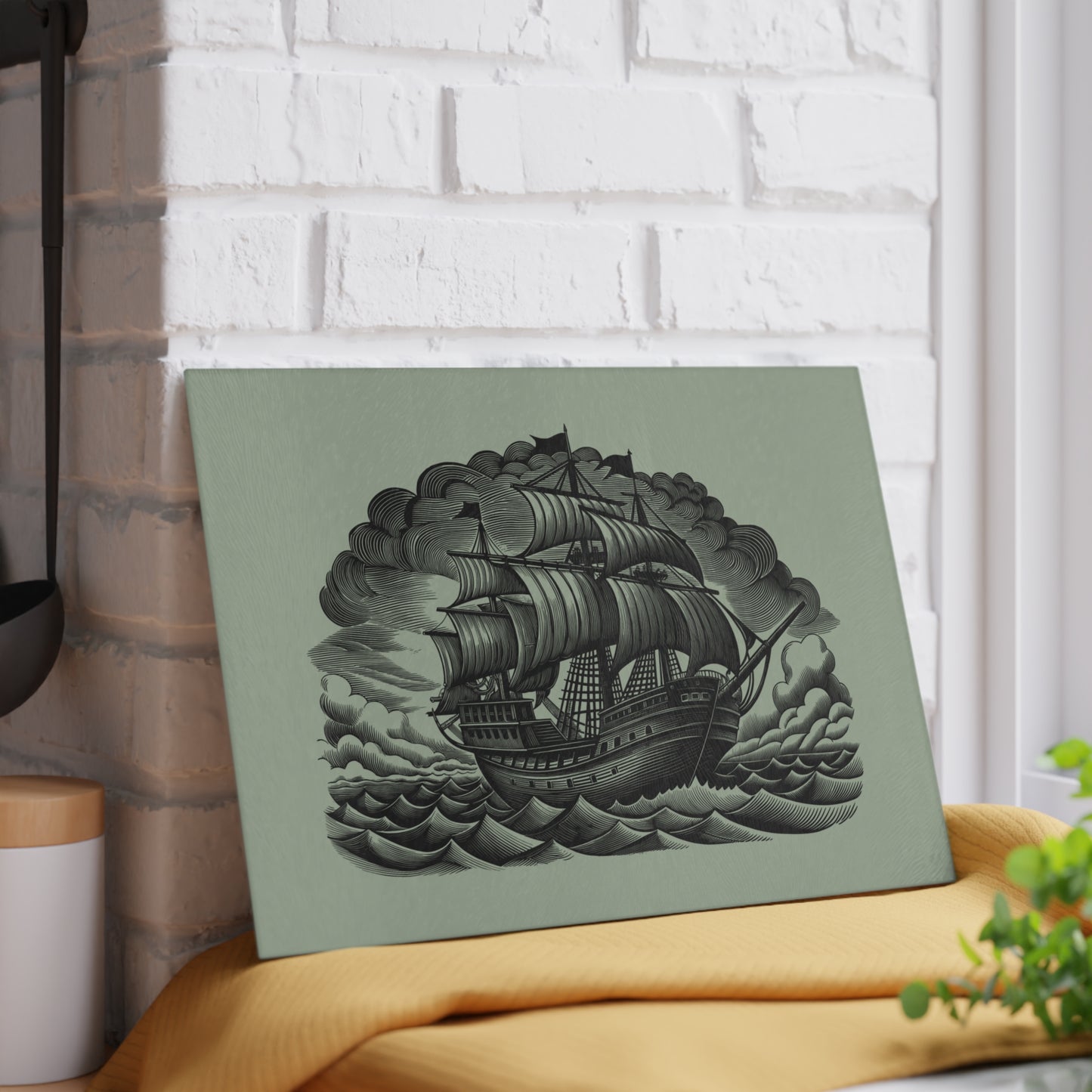 Nautical Glass Cutting Board with Ship Design - Kitchen Decor, Gift for Chefs, Housewarming, Anniversary, Maritime Themed Gift