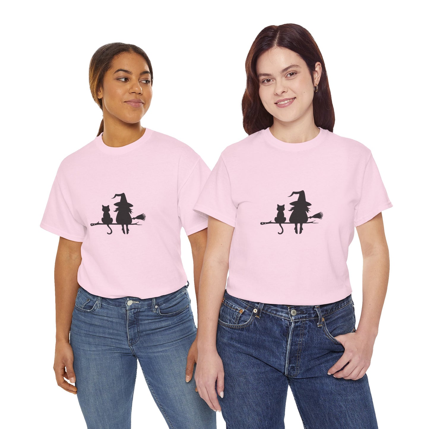 Witch and Cat Tee | Spooky Unisex Shirt for Halloween | Cute Witchwear for Cat Lovers | Fall Wardrobe Essential | Gift for Magical Friends
