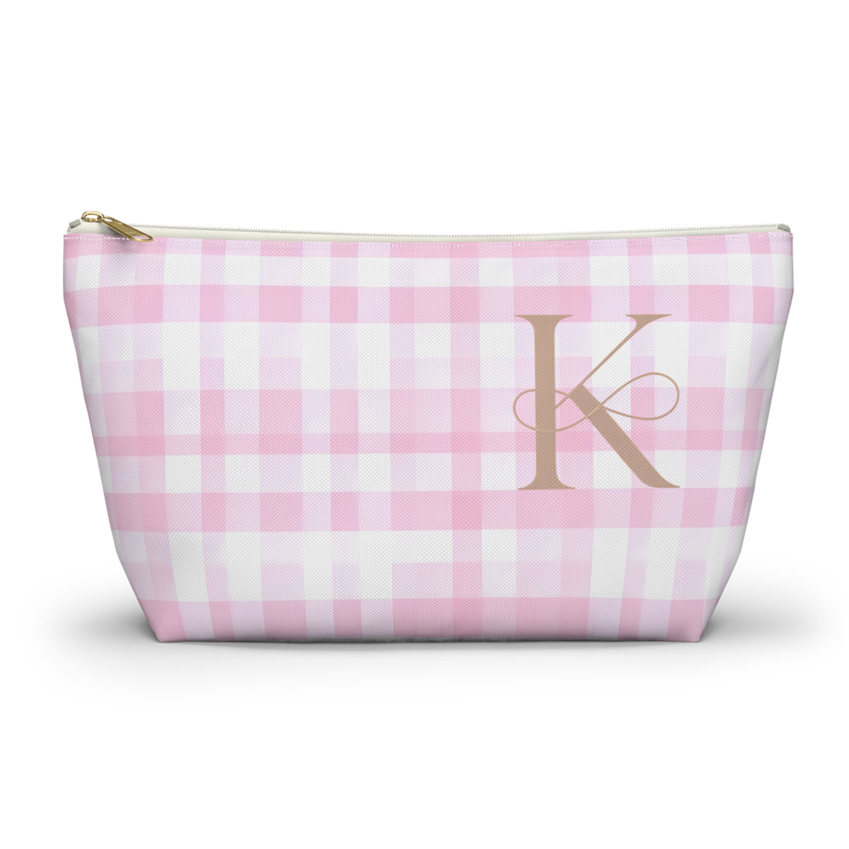 Personalized Pink Gingham Accessory Pouch, Makeup Bag - Letter K