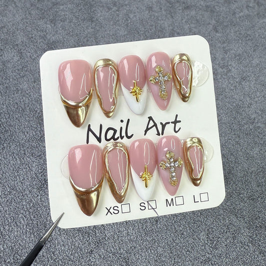 Elegant Gold Frame Blush Nails with Chic Cross Accents – Image 2