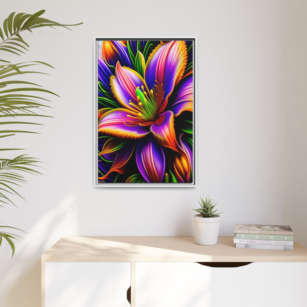 Vibrant Neon Floral Matte Canvas Print — Framed Wall Art