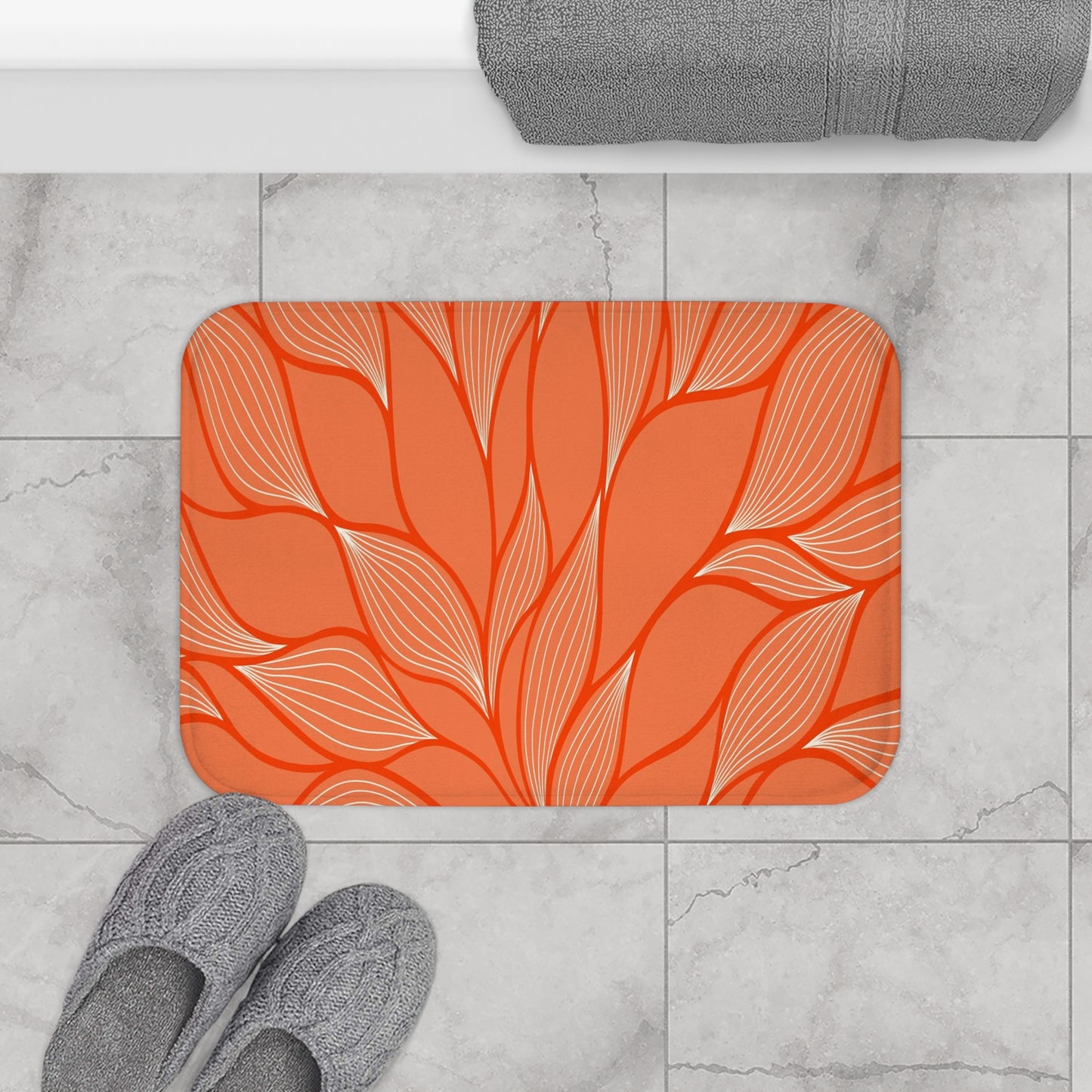 Elegant Floral Bath Mat, Home Decor, Bathroom Accessory, Housewarming Gift, Spring Decor, Vibrant Orange Design