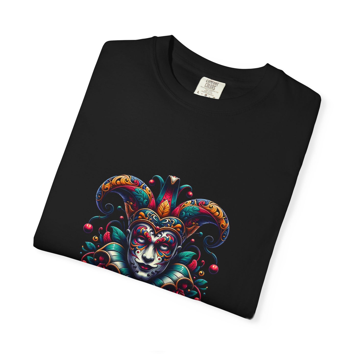 Vibrant Unisex Garment-Dyed T-shirt Featuring Colorful Jester Design, Festival Fashion
