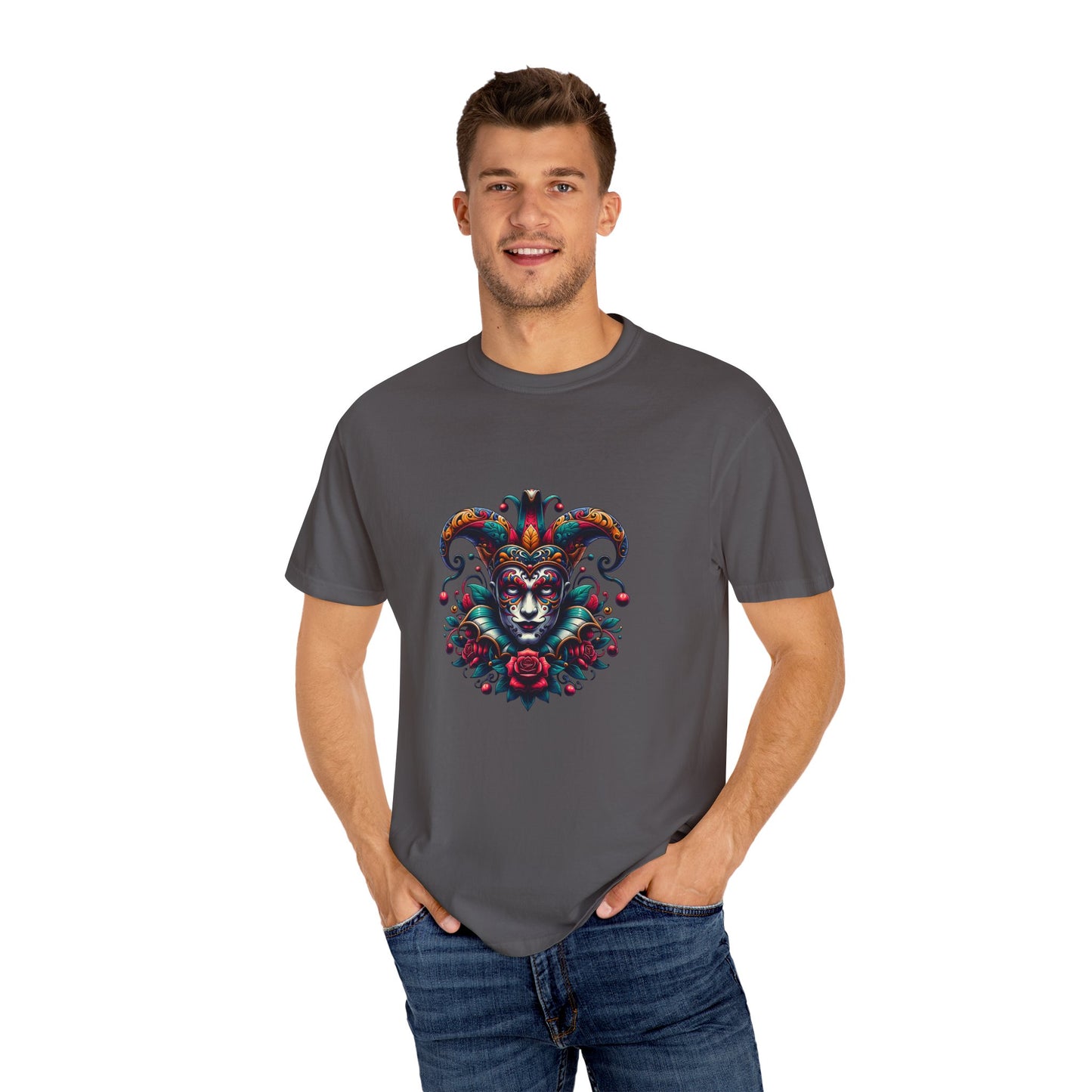 Vibrant Unisex Garment-Dyed T-shirt Featuring Colorful Jester Design, Festival Fashion