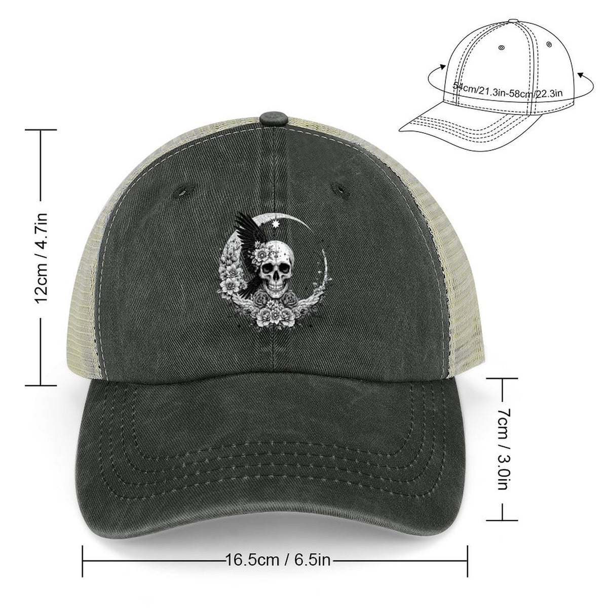 Cotton Trucker Hat for Casual Style - Skull and Roses