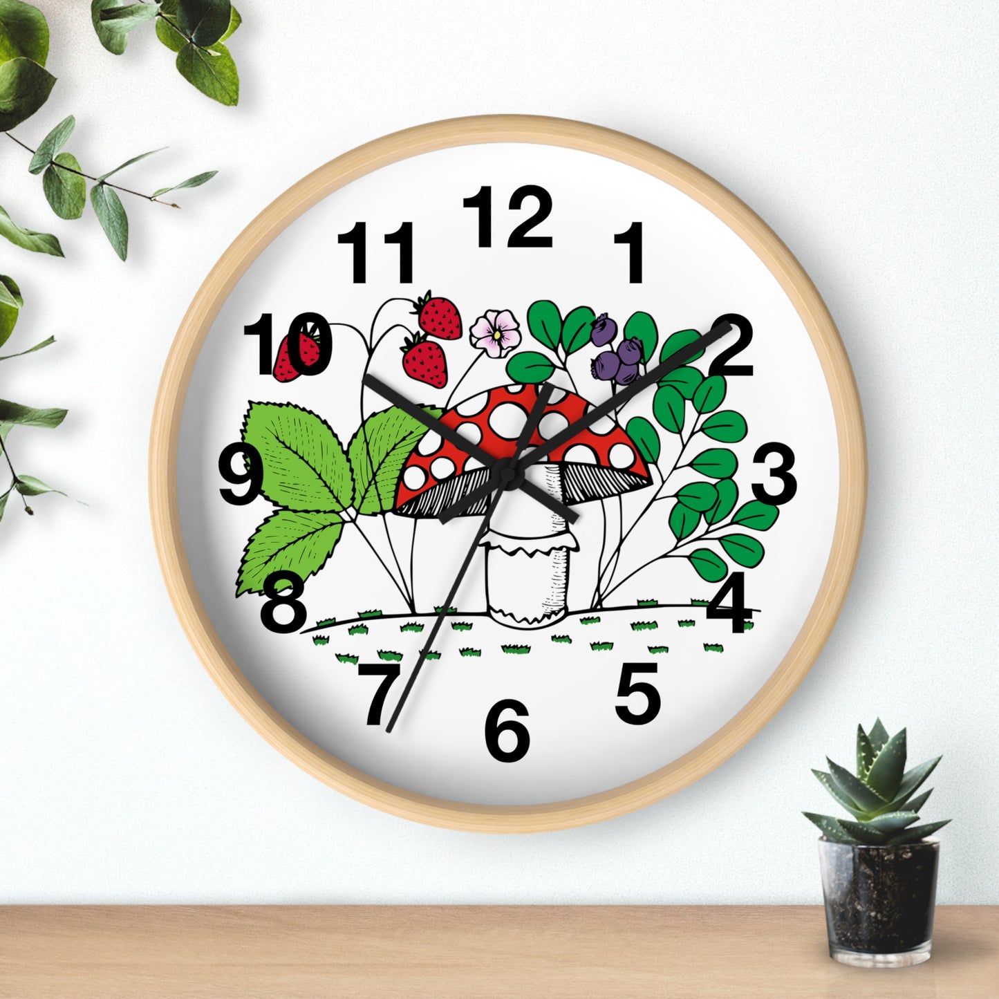 Charming Nature-Inspired Wall Clock with Mushroom and Berries, Home Decor, Rustic Clock, Gift for Nature Lovers, Boho Wall Art