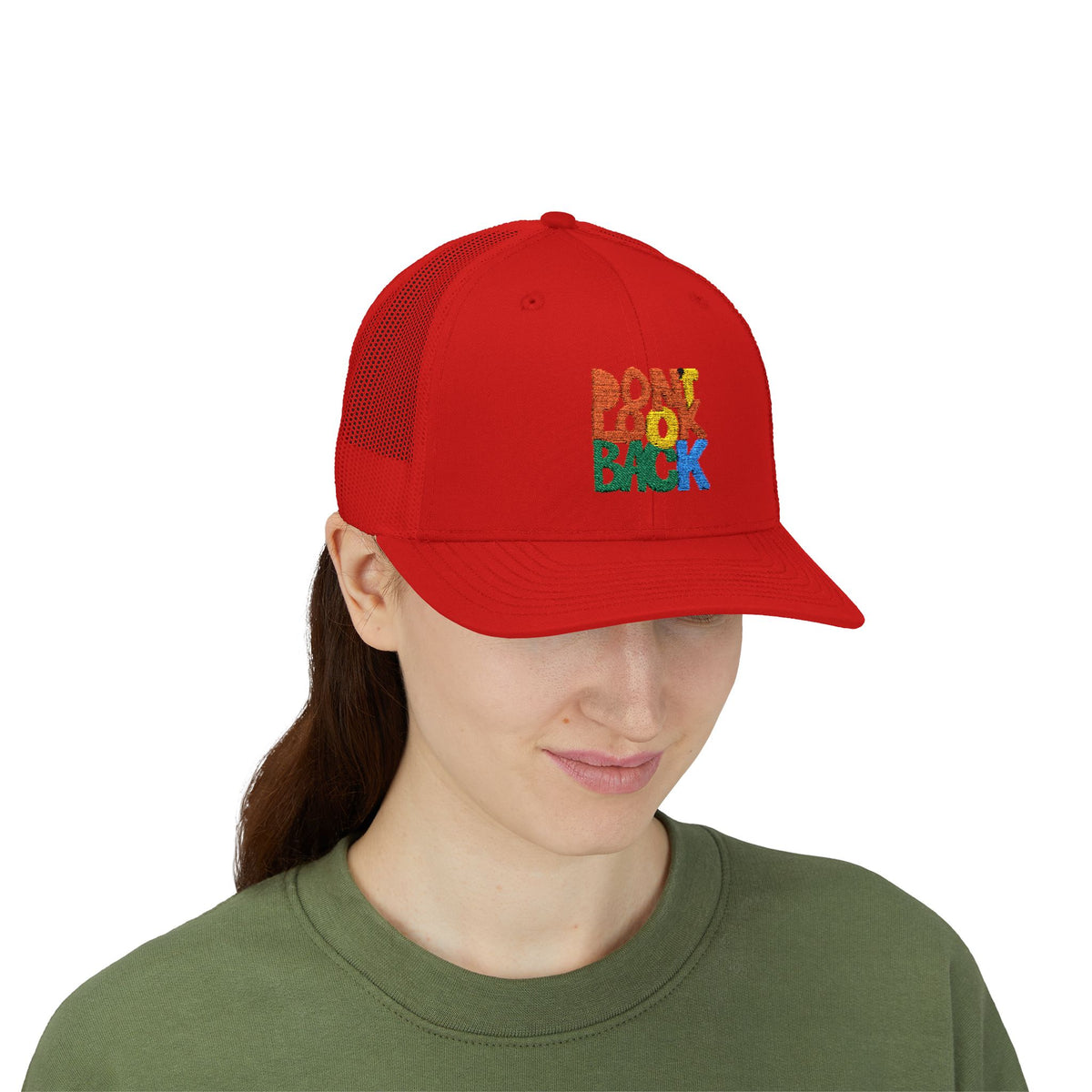 Don’t Look Back Snapback Trucker Cap — Retro Rainbow Embroidered Hat