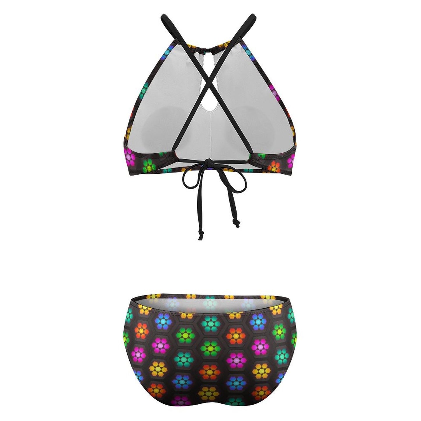 Women's Two piece Swimsuit with High Neck Halter Top Colorful Daisies