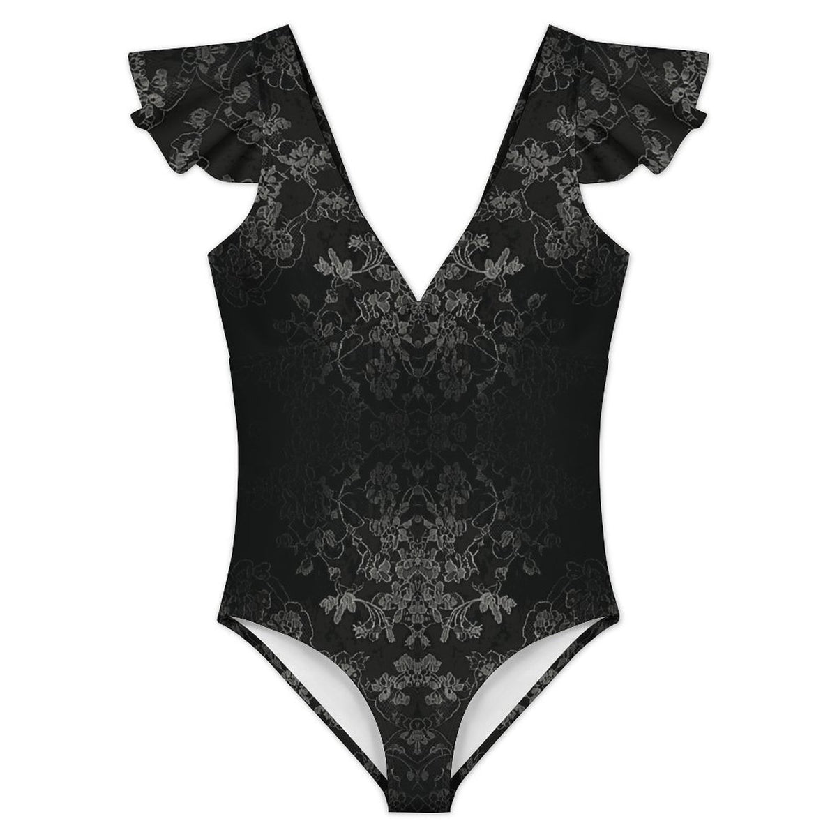 V Neck Flutter Sleeve One Piece Swimsuit Elegant Black