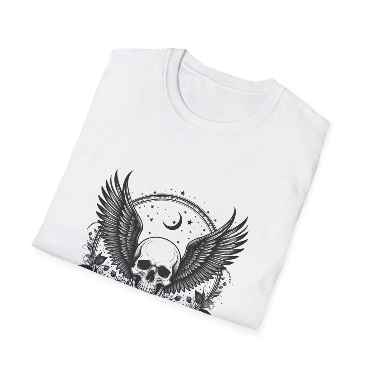 Skull Wings T‑Shirt – Crescent Moon & Red Roses Gothic Graphic Tee