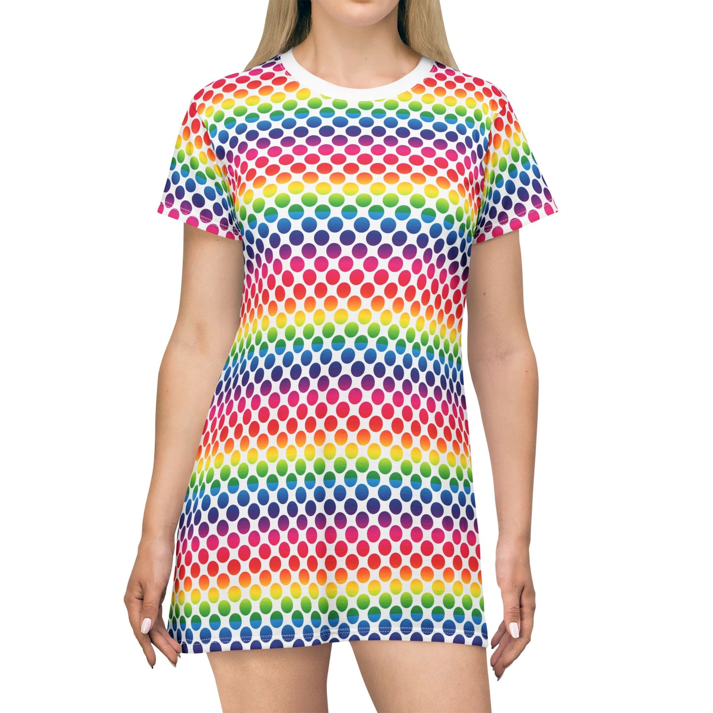 Rainbow Polka Dot T-Shirt Dress, Casual Summer Dress, Colorful Dress for Festivals, Gift for Her, Cute Everyday Wear