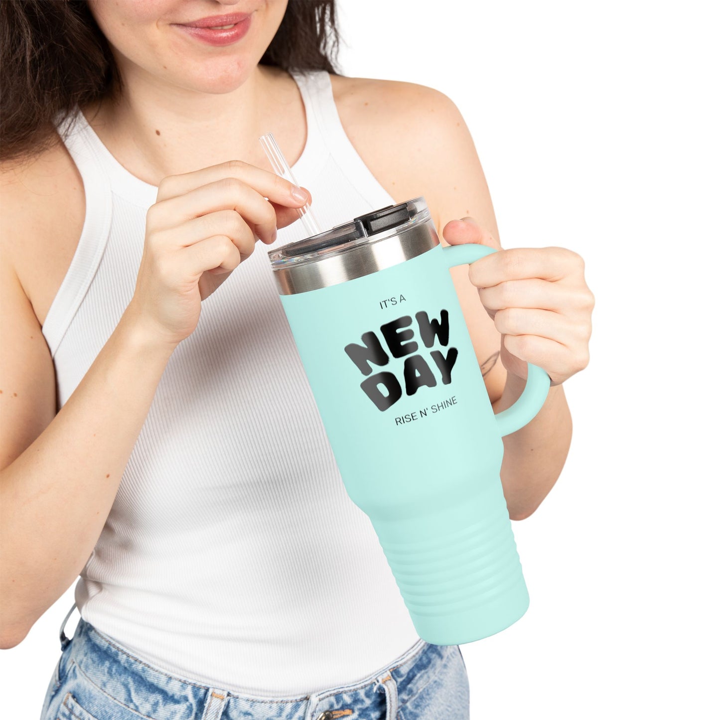 Insulated Travel Mug - 'It's a New Day' - 40oz Coffee Cup, Perfect for Road Trips, Morning Commute, Gifts, Eco-Friendly, Reusable