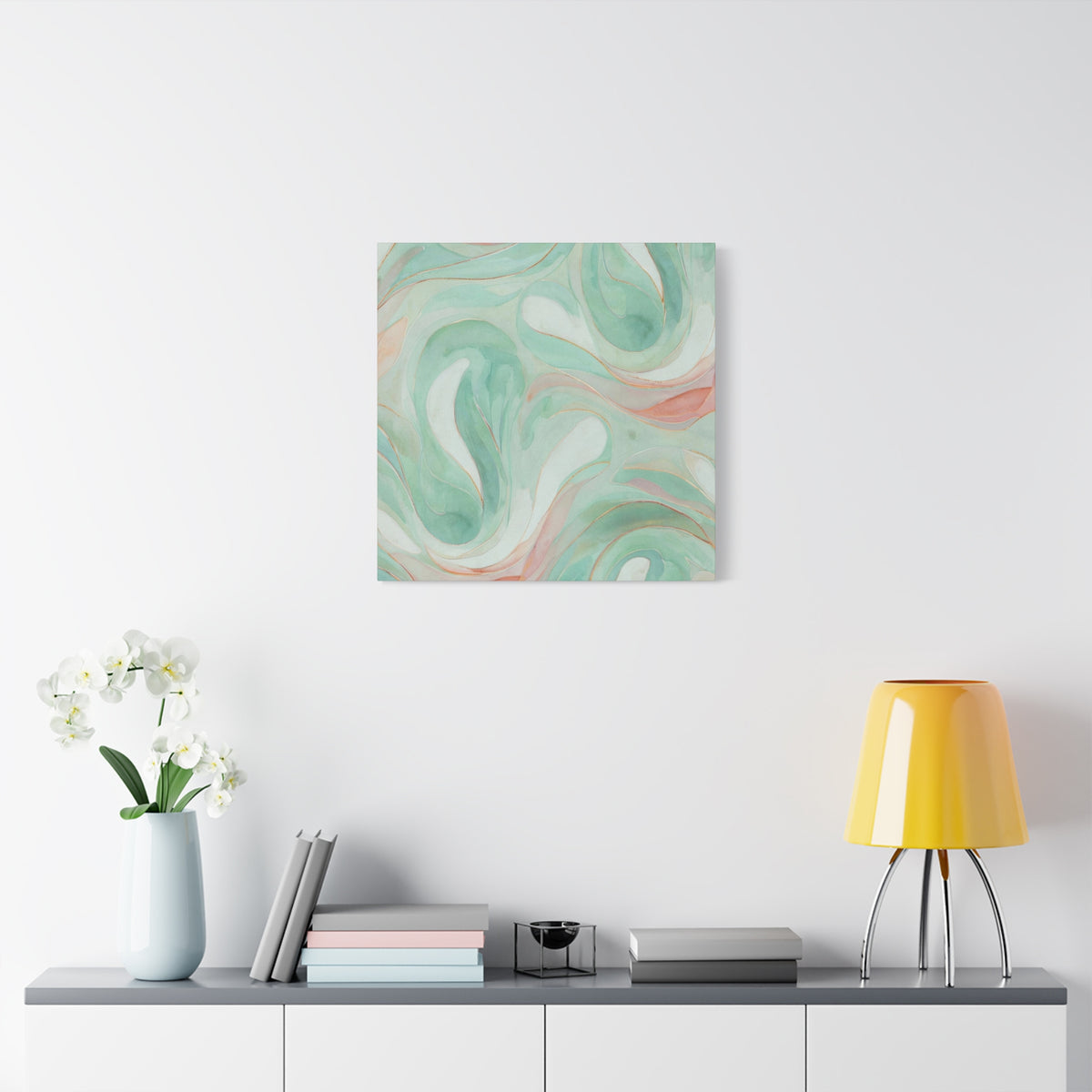 Abstract Green Marble Canvas Print — Teal & Coral Swirl Wall Art