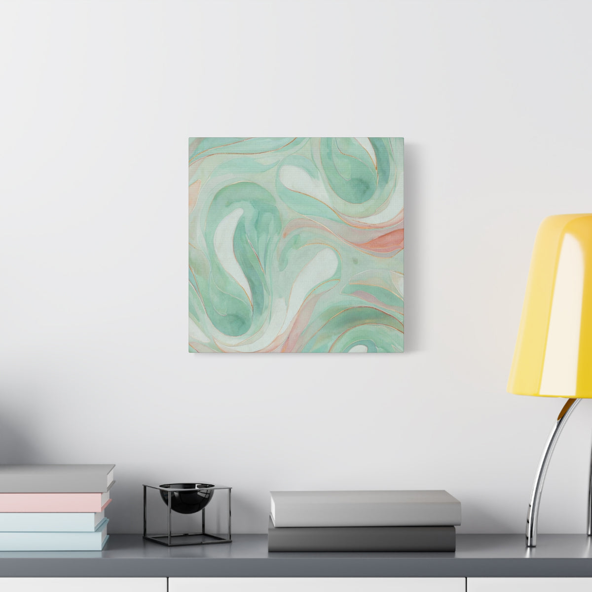 Abstract Green Marble Canvas Print — Teal & Coral Swirl Wall Art
