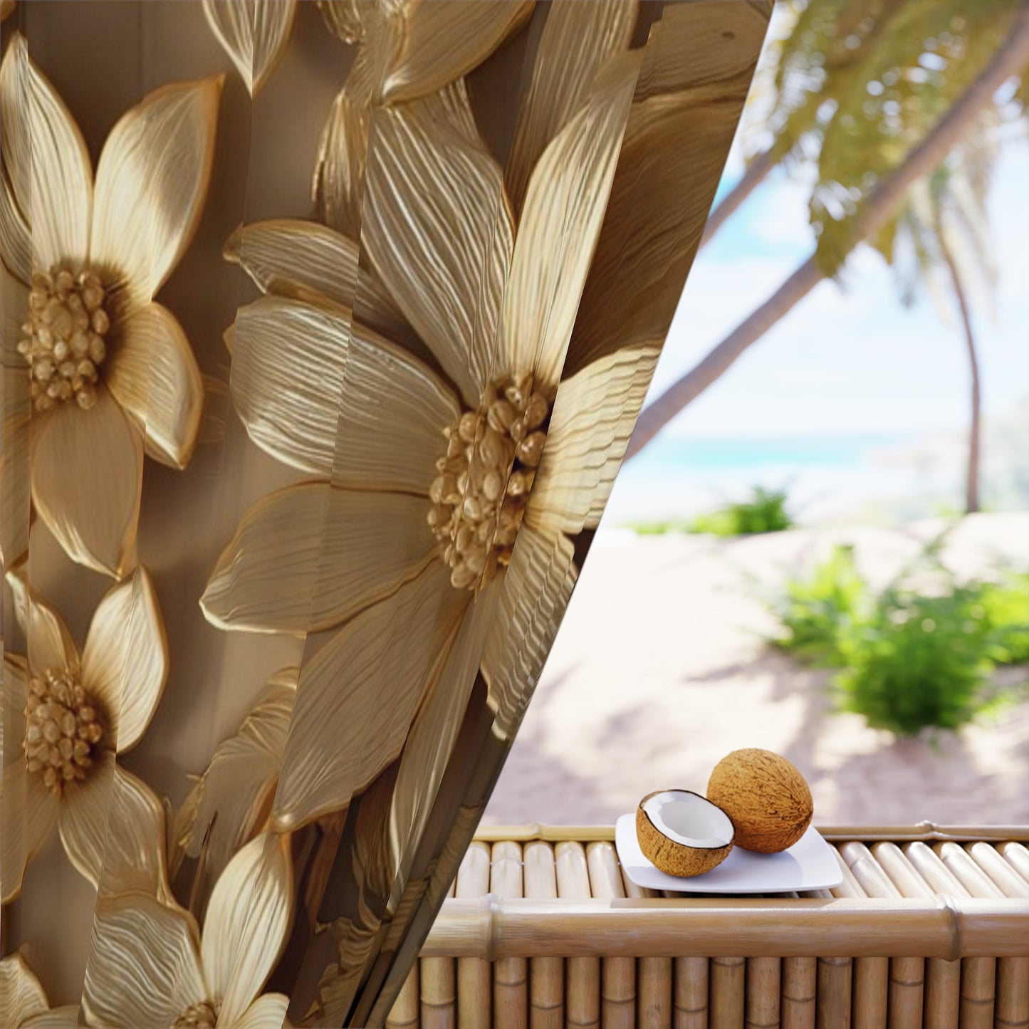 Elegant Floral Window Curtain - Golden Blossom Home Decor, Living Room Drapes