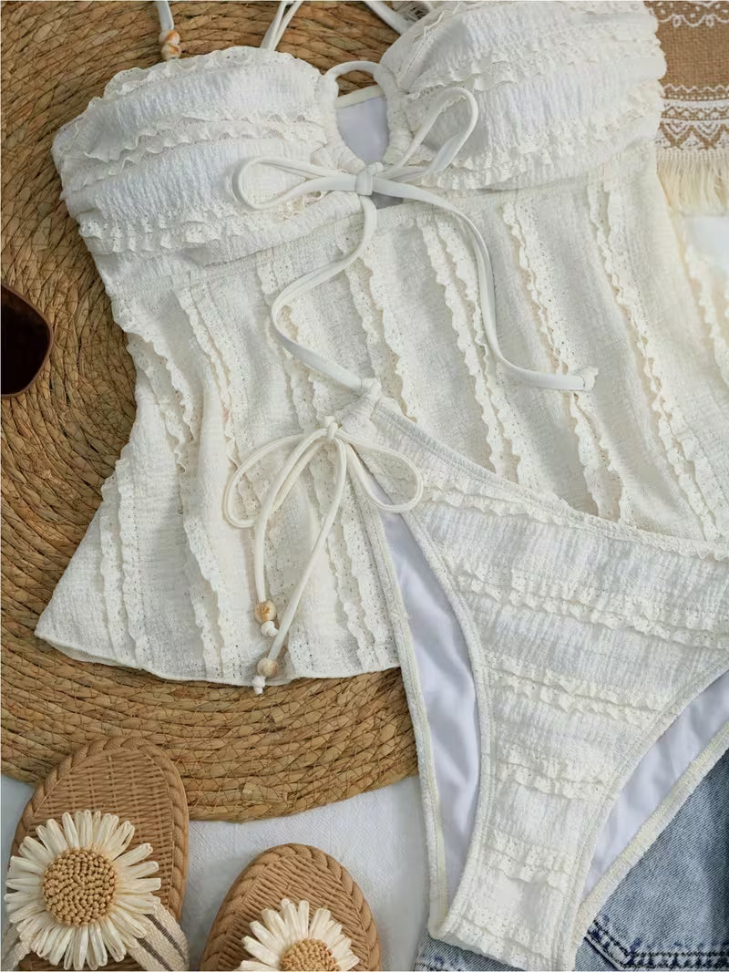 Women'S Solid Color Apricot Beaded Halter Top And Bikini Set, Suitable for Summer Beach Vacations