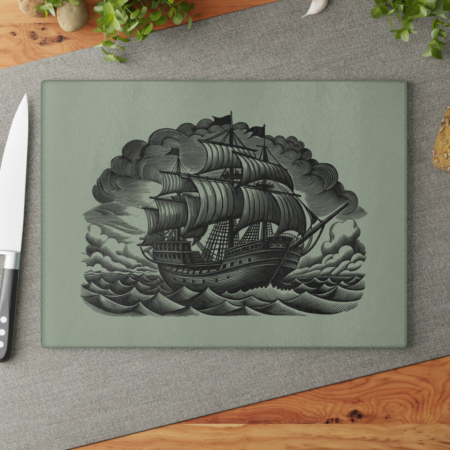Nautical Glass Cutting Board with Ship Design - Kitchen Decor, Gift for Chefs, Housewarming, Anniversary, Maritime Themed Gift