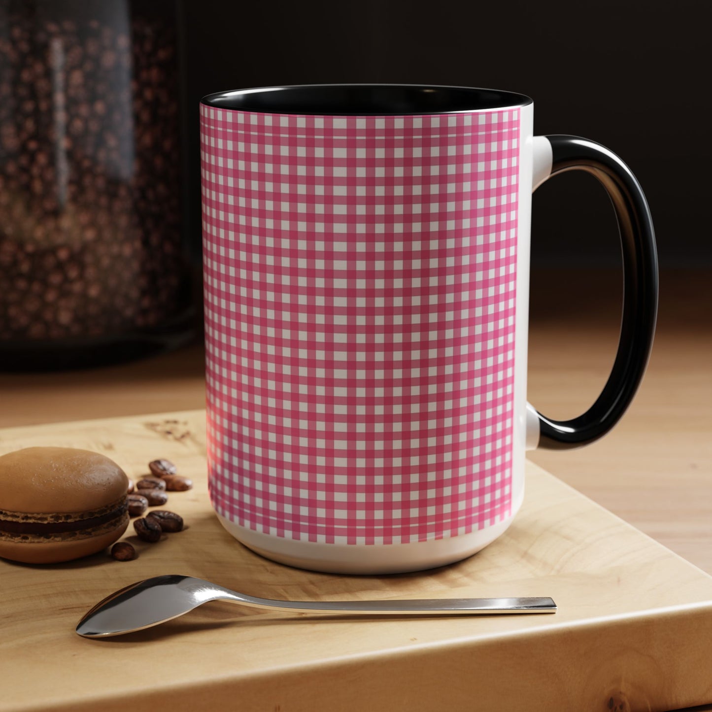 Pink Gingham Accent Coffee Mug, Cute Kitchen Decor, Gift for Coffee Lovers, Home Office Mug, Spring and Summer Vibes