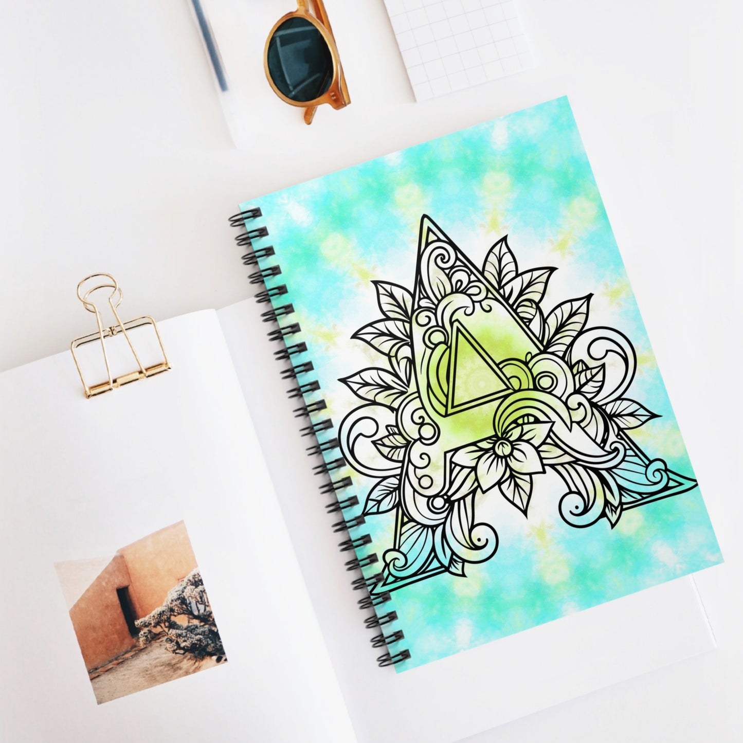 A Initial Mandala Spiral Notebook — Floral Geometric Ruled Journal (Tie-Dye Aqua)