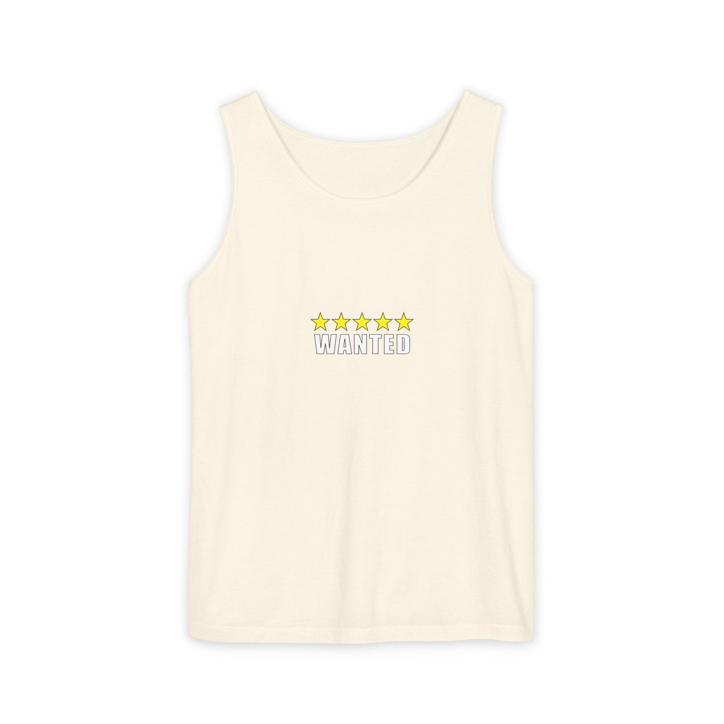 5-Star "WANTED" Garment-Dyed Tank Top, Unisex Summer Shirt, Gift for Him/Her, Trendy Casual Wear, Pool Party Outfit, Unique Graphic Tee