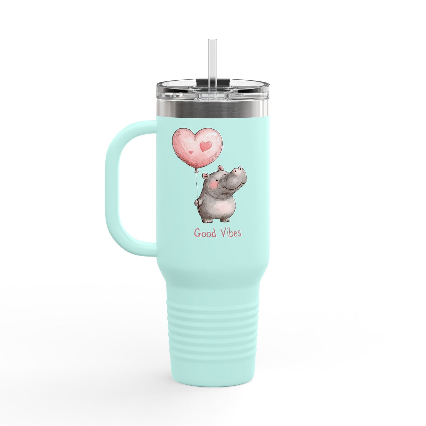 Cute Hippo Good Vibes Insulated Travel Mug | 40oz | Fun Drinkware | Perfect for Travel, Gifts, Picnic, or Daily Use