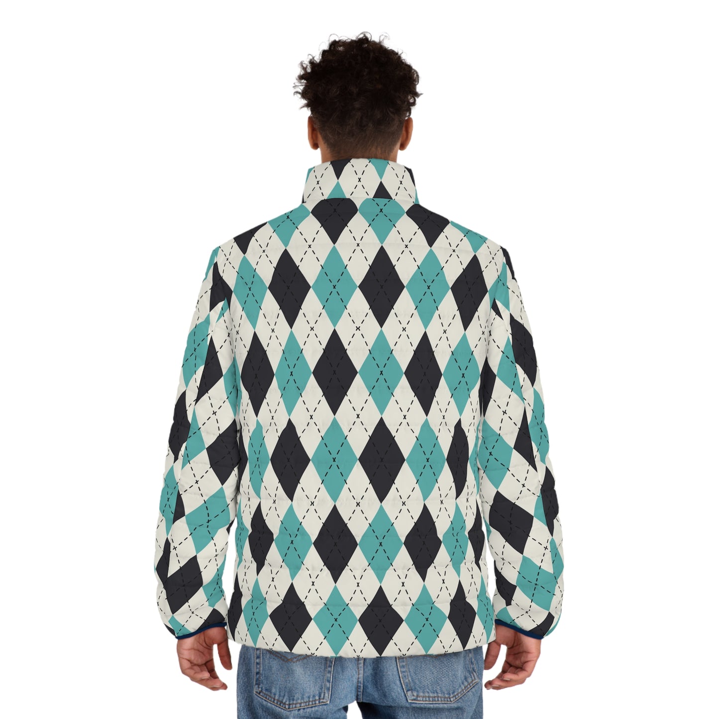 Men's Stylish Argyle Puffer Jacket, Trendy Winter Outerwear, Fashionable Layering Piece, Warm Casual Jacket, Perfect for Holiday Gifting