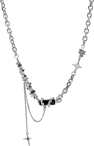 Y2K Necklace for Men, Silver Star and Moon Pendant Necklace for Women, Stainless Steel Cool Necklaces Punk Necklaces Jewelry