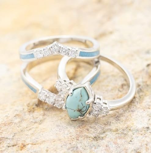 3 PCS Natural Turquoise Diamond Ring Set