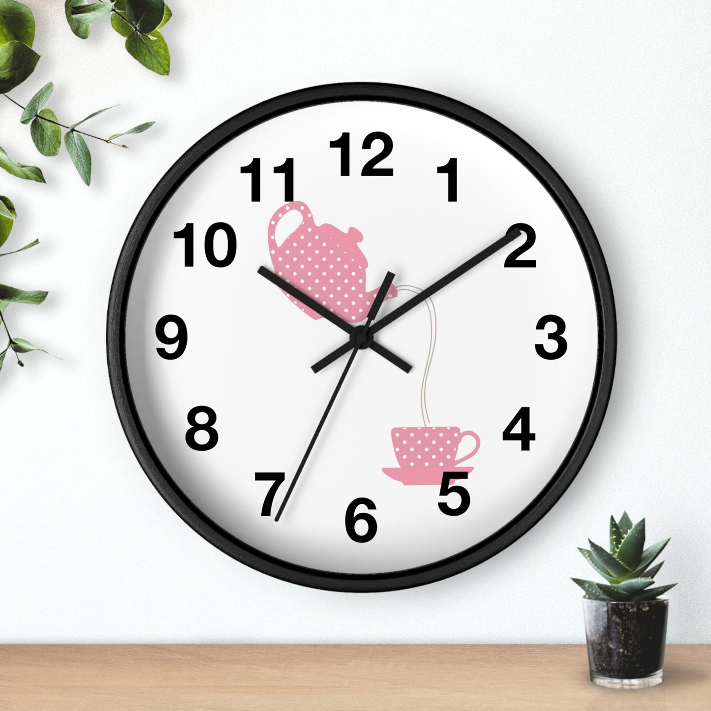 Charming Teapot Wall Clock, Home Decor, Kitchen Gift, Cute Coffee Time, Tea Lover's Gift, Pink Polka Dot Design