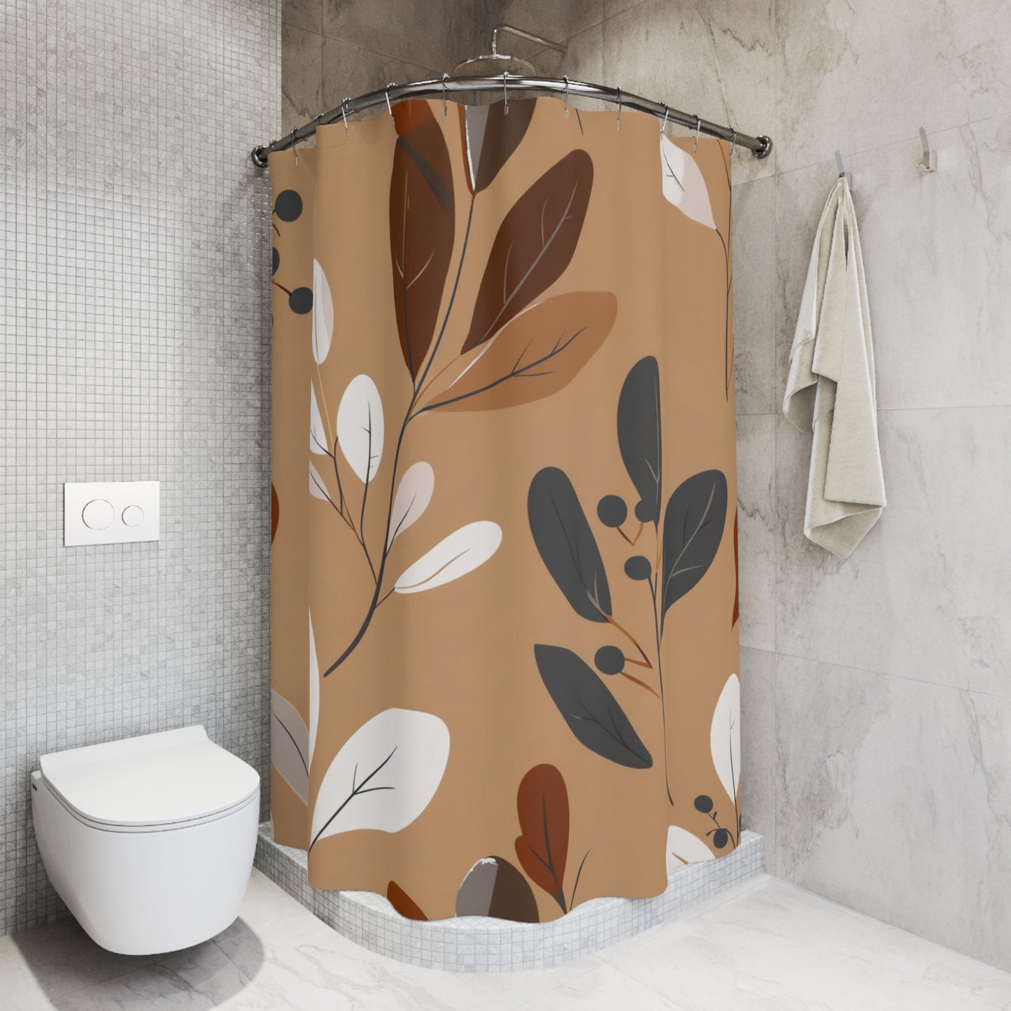Botanical Brown Leaf Shower Curtain — Neutral Autumn Floral Bath Decor