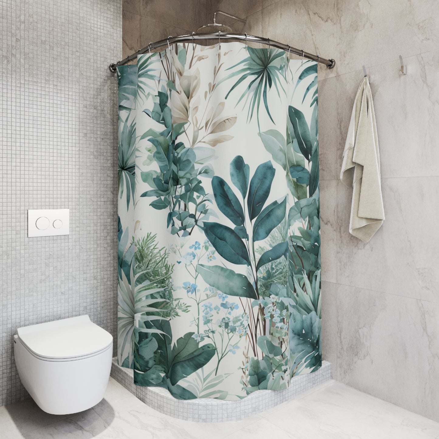 Botanical Tropical Shower Curtain — Green Palm & Foliage Bathroom Decor