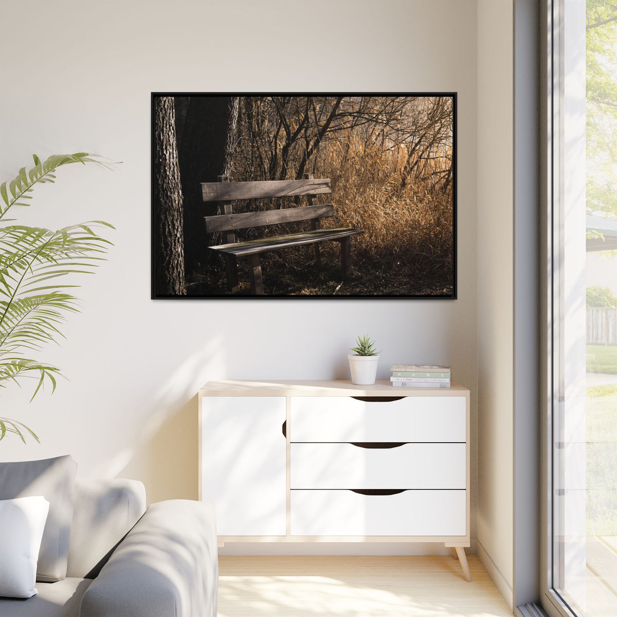 Framed Matte Canvas Print — Autumn Park Bench Photography